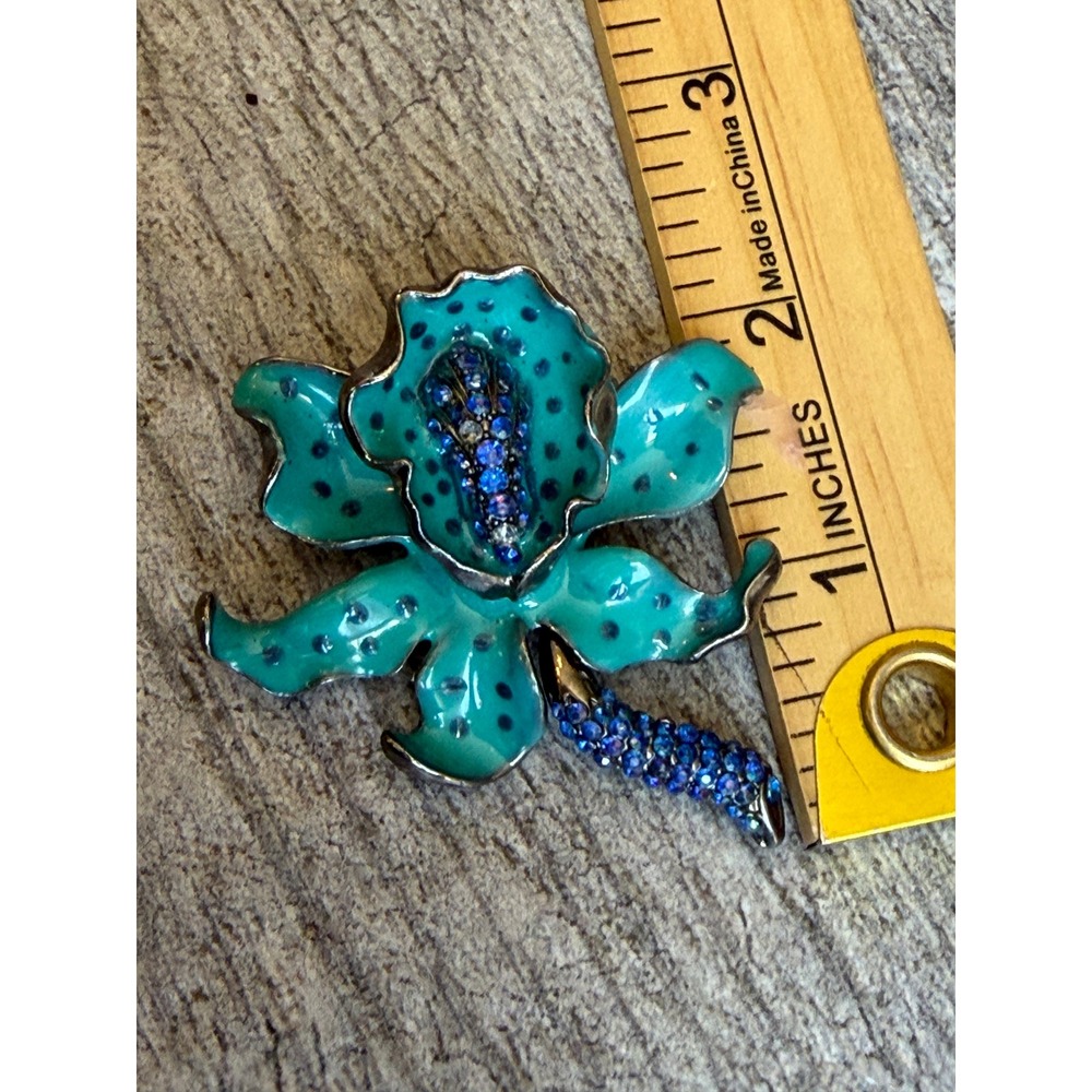 Orchid Flower Brooch Turquoise Blue Enamel Rhinestone Floral Hat Pin Vintage vtg